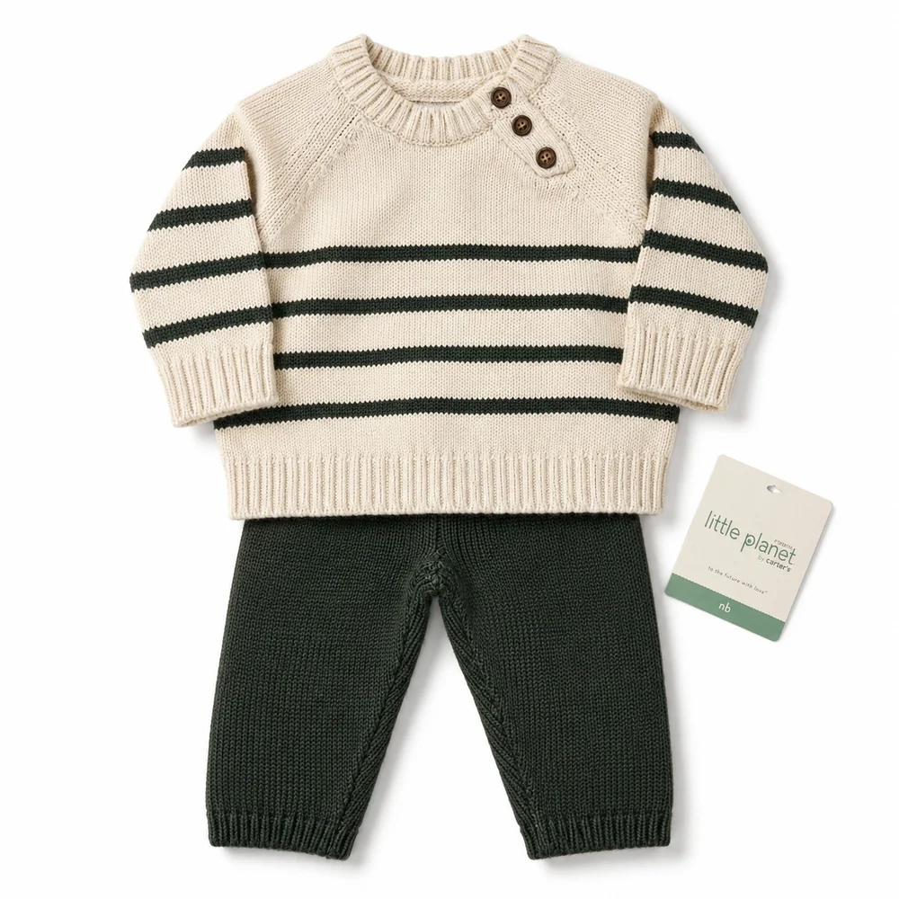 Carter's Cream & Dark Green Striped Knit Sweater Set